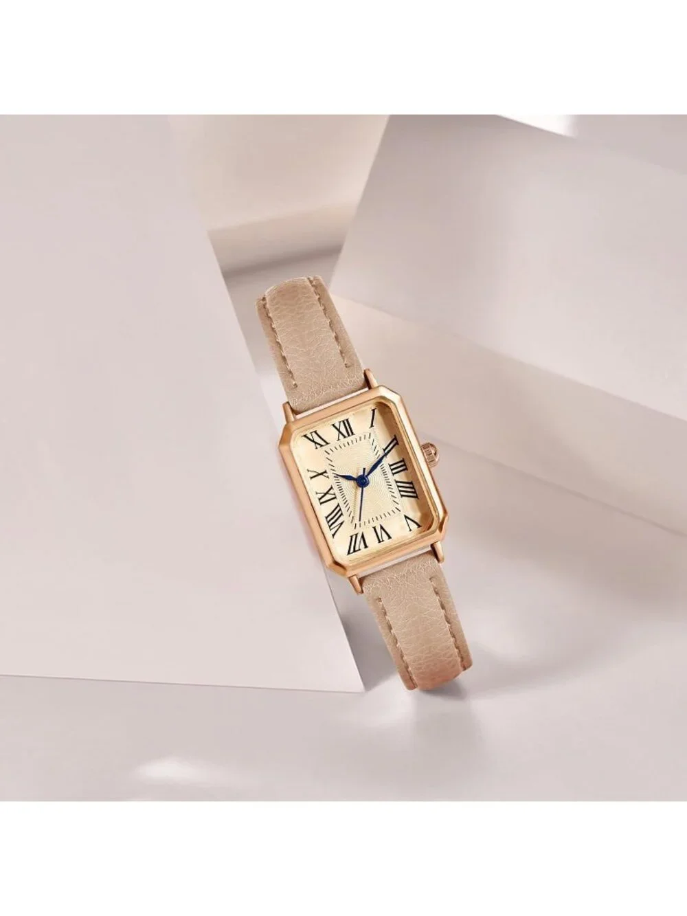 Women's Apricot Gold Leather Strap Elegant Dainty Vintage Rectangle Wrist Watch